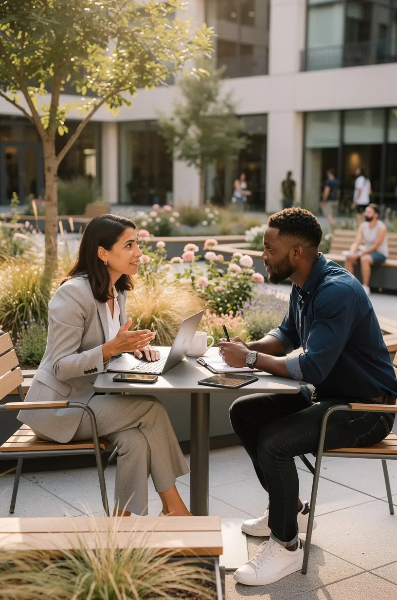 Profesjonalne środowisko biurowe z materiałami szkoleniowymi dotyczącymi budowania pozycji eksperta i zaufania publicznego.