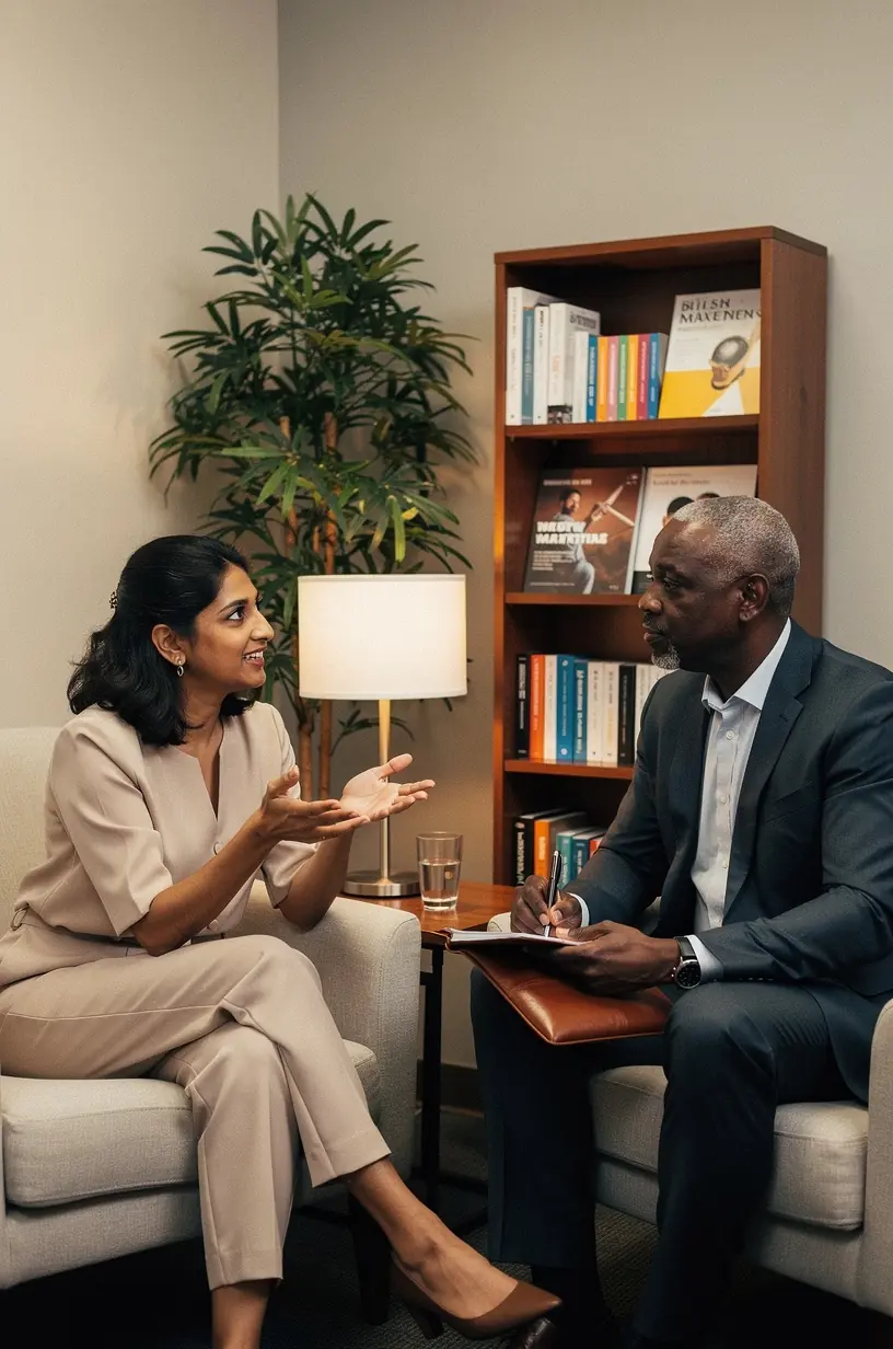 Profesjonalny konsultant marki osobistej prowadzi sesję strategiczną z klientem w nowoczesnym biurze.
