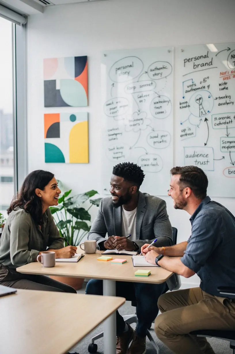 Zespół ekspertów omawia strategie budowania autorytetu i pozycjonowania osobistego przy stole konferencyjnym.